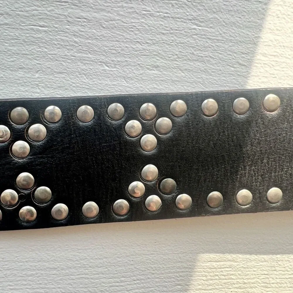 Black Leather Studded Western Boho Moto belt brass buckle 37 ins long